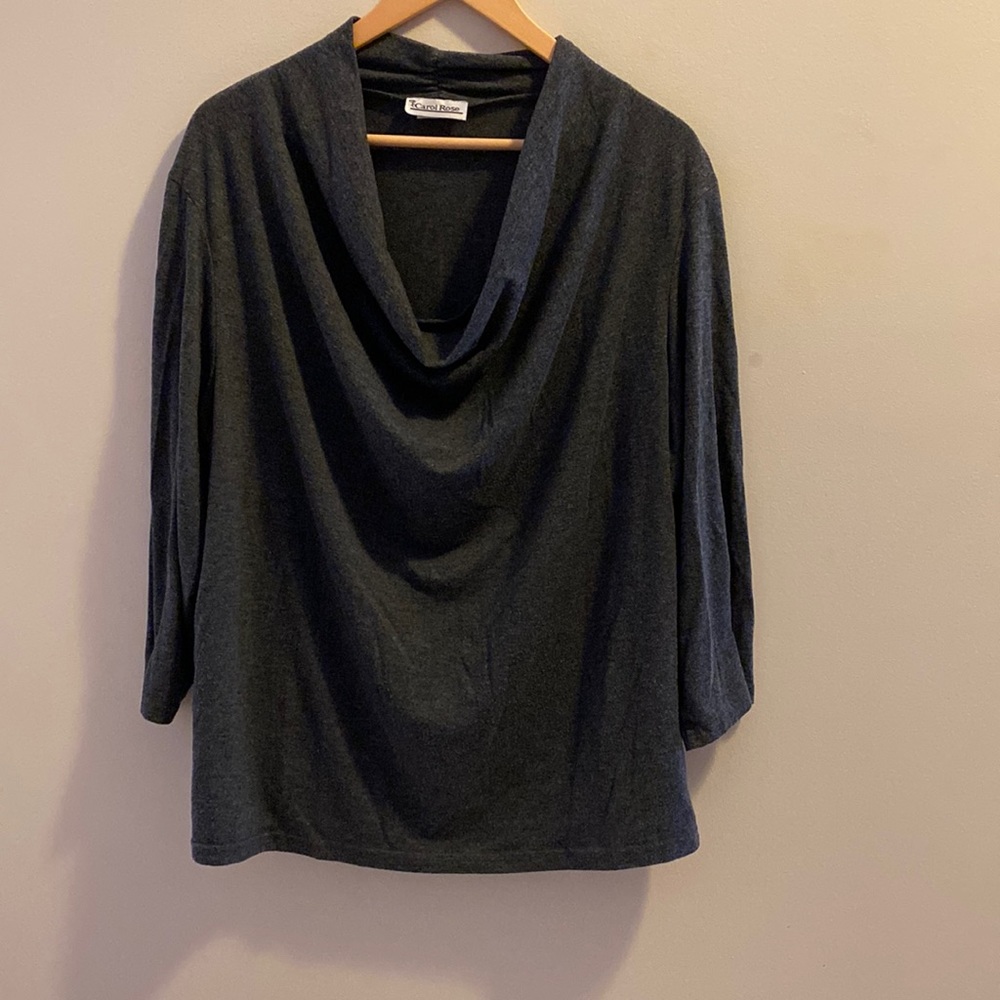 Grey 3/4 sleeve cowl neck plus size top.